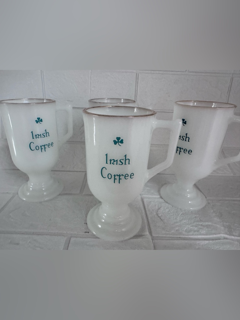 Vintage Milk Glass Pedestal Irish Shamrock  White Coffee Mugs - Set of 4